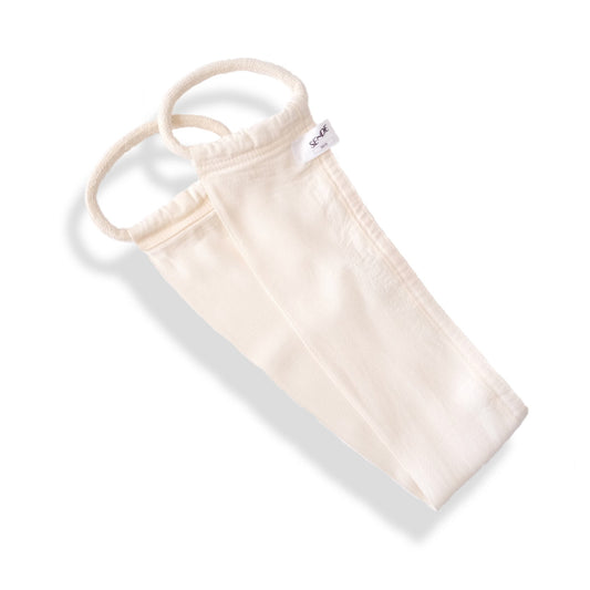 natural coloured back exfoliating scrubber by SENDE with cotton handles | effective body exfoliation