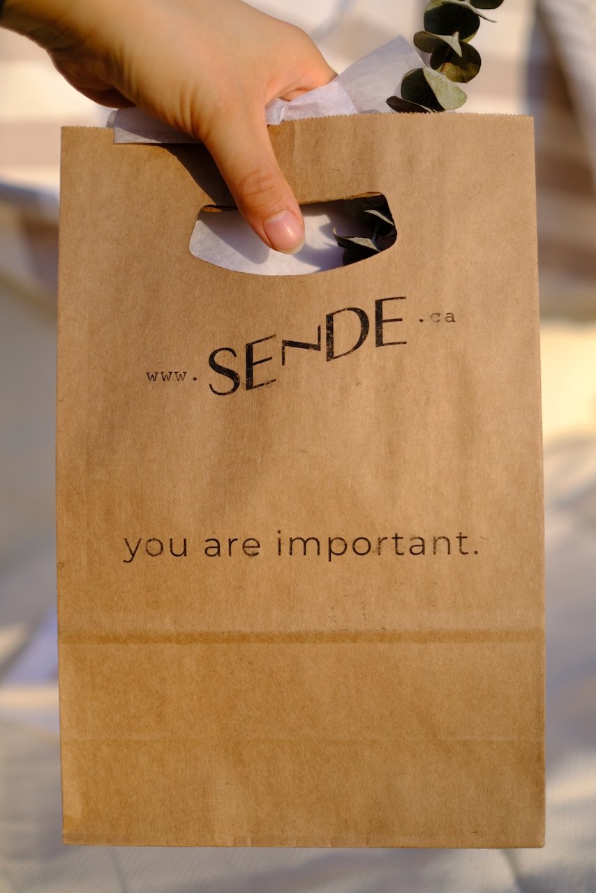 SENDE brown paper gift bag with words "you are important" and www.sende.ca