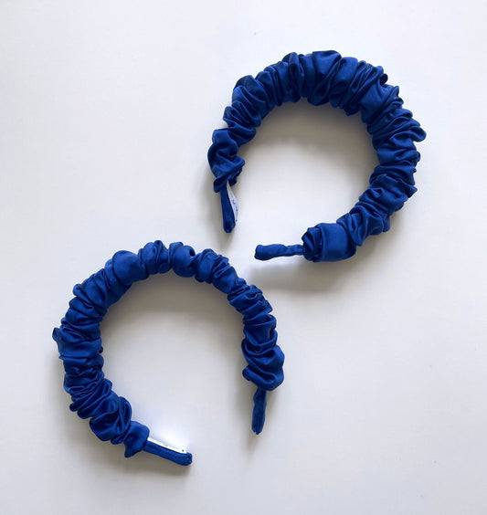 handmade blue silk scrunchie headband by SENDE in Toronto